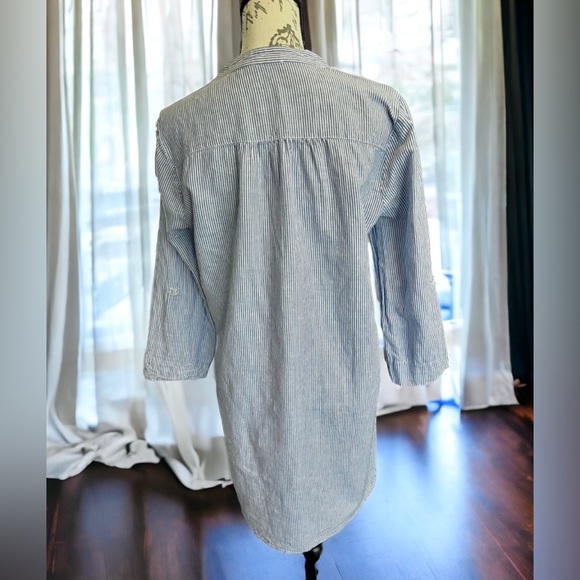 Tahari Linen Blend blue & white striped Long Sleeve Dress Size Small GUC Midi - Picture 3 of 15